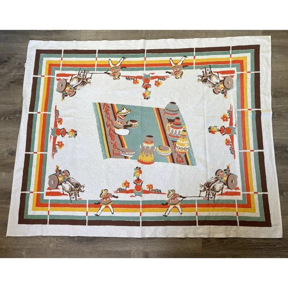 Vintage Startex Tablecloth 49x63 Vibrant Mexican Folk Art Southwestern MCM 1950s